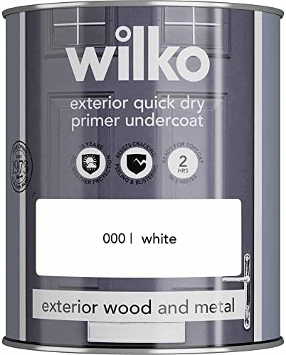 wilko Quick Dry Exterior White Primer and Undercoat, 10 Years All-weather Protection, Exterior Wood and Metal Undercoat Paint 750ml