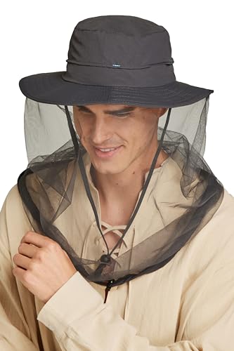 Gionforsy Bug Hat with netting Safari Mesh Hats Sun Protection Fishing Hat Outdoors for Men Women, Dark Gray, One size