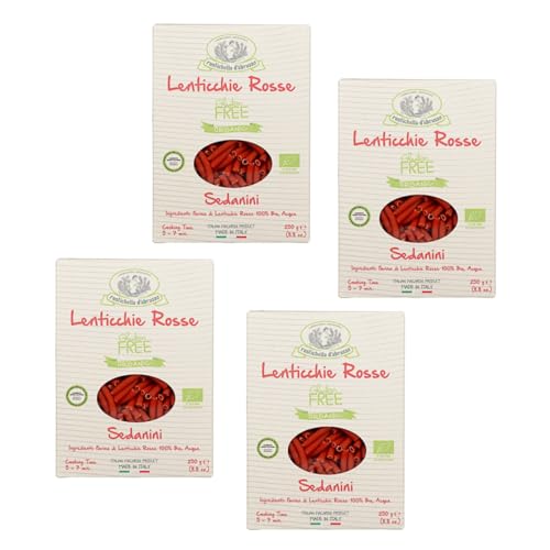 Rustichella d'Abruzzo | Sedanini de lentejas rojas | Pasta corta orgánica sin gluten de harina de lentejas rojas - 4 x 250 g | Pasta italiana artesanal vegana rica en fibra