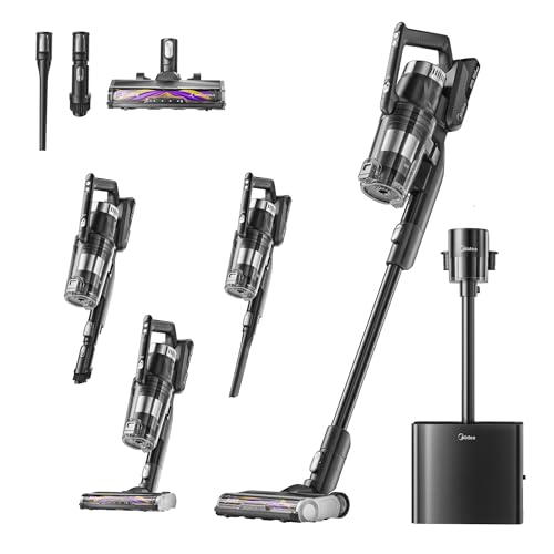 Midea Akku-Staubsauger mit Absaugstation | 350W, bis zu 60 Min Laufzeit | Selbstentleerung, Anti-Tangle Bürste, LED-Düse | HEPA-Filter, Allergiker geeignet | Wechselbarer Akku, Kabellos, Schwarz