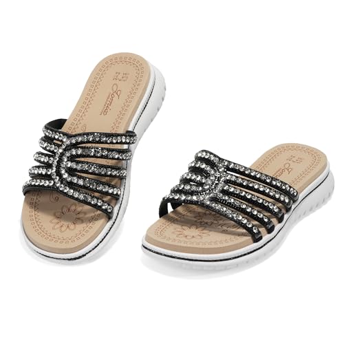 JOMIX Pantoletten Damen Sommer Keilsandaletten mit Strass Glitzernde Sandalen Bequeme Slip-On Plateausohle Offene Zehen Rutschfest für Strand und Alltag WFC260354 Schwarz 40 EU