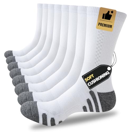JOYNÉE 8 Pairs Mens Crew Athletic Work Long Socks Calf Cushioned Socks for Sports Running Workout Gym,White,Sock Size:13-15