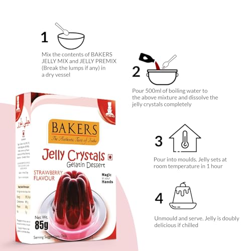 Image of BAKERS Jelly Crystals (Gelatin Dessert) | Strawberry Flavour | Authentic Strawberry Flavor | Easy-to-make | Instant Dessert Premix | No Sugar Needed | Pack of 4 (85 gm x 4)