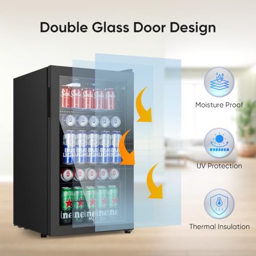 Image of 120 Cans Beverage Refrigerator Freestanding, Small Beverage Cooler with Glass Door, Mini Drink Fridge for Beer Soda, 3.0 Cu.Ft for Office, Home, Bar, White LED Light & Reversible Door - Black