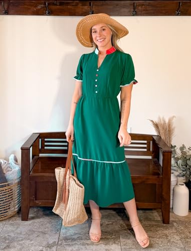 Image of Theenkoln Womens Casual Midi Dress: Short Sleeve V-Neck Empire Waist Gingham Spring Fashion Long Trendy Tiered Formal Dresses