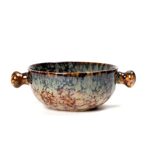 Image of Beyond Homes Ceramic Snack Bowl with Handle, 18 cm | Microwave & Dishwasher Safe Ceramic Serving Bowl for Pasta, Soup, Snacks | Matte Finish, Set of 1 (Abstract Brown, 500 ml)