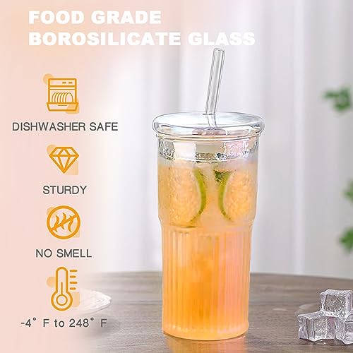 JunVpic Glass Cups with Lids and Straws, 20 OZ Multi Iced Coffee Glasses Tumblers for Ice Water, Juice, Tea, Milk, Smoothie and Cold or Hot Drinks, Set of 2 - Thumbnail 2