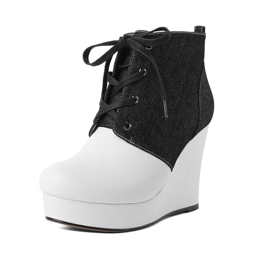 Joseywade Wedge Heels Ankle Boots for Women Platform Boots Round Toe Short Booties Lace-up 4 Inch