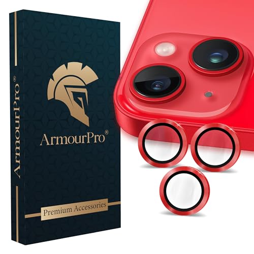 Image of ArmourPro Premium Camera Lens Protector Tempered Glass Compatible For iPhone 14 Plus and iPhone 14 Tough HD Individual Aluminum Alloy Rings 9H Camera Cover , Scratch-Resistant,Camera Lens Protection| Red