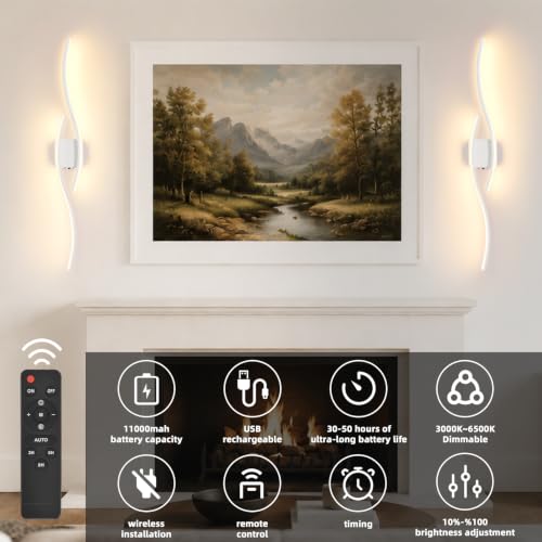 Image of Battery Powered Wall Sconces Set of 2, White 39.4 inch LED Dimmable Wall Sconce with Remote Control /Timer /Memory, USB Rechargeable Wall Lights for Living Room Bedroom Hallway