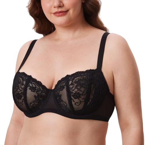 DELIMIRA Women's Balconette Lace Bra Plus Size Sexy See Through Unlined Underwire Bras