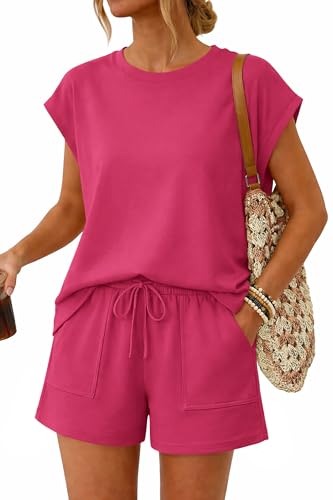 ATHMILE Womens Two Piece Crew Neck Short Sets Cap Sleeve Drawstring Spring Summer Sweatsuit with Pocket Beach Vacation