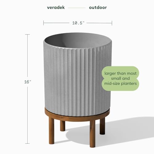 Image of Veradek Demi Series Round Planter w / Stand for Porch /Patio | Durable Plastic-Concrete & Wooden Stand | Modern Decor for Tall Plants, Flowers