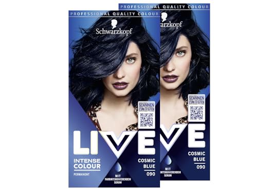Schwarzkopf LIVE Intense Colour Haarfarbe 90 Cosmic Blue (2x 142 ml), dauerhafte Coloration mit farbintensivierendem Serum, permanente Haarfarbe für perfekte Grauhaarabdeckung