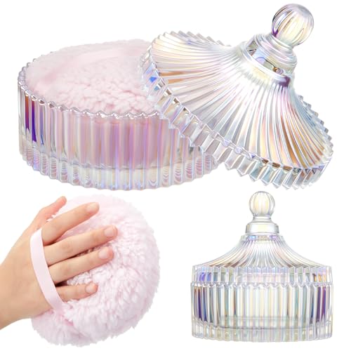 Tioncy 2 Pcs Extra Large Dusting Powder Puff and Container for Women-5.43'' Glass Crystal Dusting Powder Container with 5.91'' Body Soft Washable Reusable Velour Face (Dazzling)