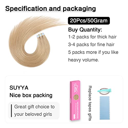 Image of SUYYA Tape In Hair Extensions Human Hair 20 Inch #16 Light Blonde | Remy Human Hair, Invisible Skin Weft, Soft & Silky Straight Hair, 20PCS 50G, Seamless Blend, Add Length & Volume