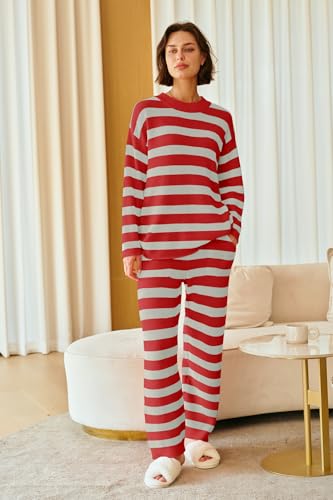 Image of SENSERISE Womens Striped Set Sweater Lounge Sets | Pajamas Set, Loungewear Set, Oversized Knit Sweater, Wide Leg Pants with Pockets, Fall Outfits, Pants Set
