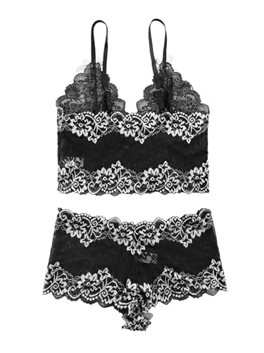 Image of Lilosy Sexy Lingerie for Women Lace Pajamas Set Cami Bra and Panty High Waist Sheer Sleepwear 2 Piece 2XS-6XL