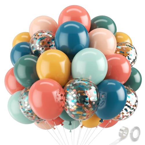 Image of Zesliwy Boho Rainbow Balloons,50pcs 12inch Assorted Colors Retro Orange Yellow Blue Balloon Teal Blue Blush Light Orange Balloon Colorful Confetti Balloon for Birthday Wedding Sunshine Party Decor