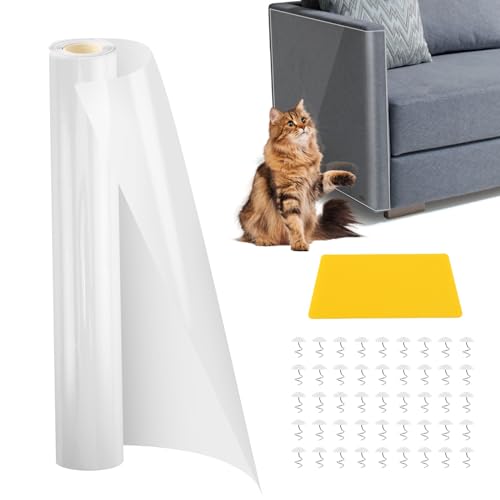 Petyoung 30 * 500CM Protector Sofa Gatos Arañazo con 50 Tornillos, Transparente Protector de Muebles Gatos Autoadhesiva Anti Arañazos Cat Scratcher para Proteger Puerta Mesa Armario