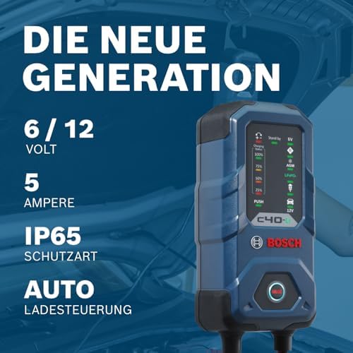 Bild 2 - Bosch C40-Li Batterieladegerät, 5 Ampere, mit Erhaltungsladungs-Funktion - Autobatterie-Ladegerät für 6 V / 12 V Blei-Säure-, AGM-, EFB-, Gel-, SLI- Batterien sowie 12 V Lithium- (LiFePO4) Batterien