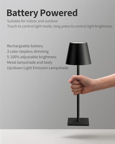 KDG 2 Pack Cordless Table Lamp,Portable LED Desk Lamp, 5000mAh Battery Operated, 3 Color Stepless Dimming Up, for Restaurant/Bedroom/Bars/Outdoor Party/Camping/Coffee Shop Night Light(Black) - Image 5
