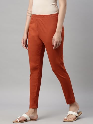 Image of MINELLI Women Solid Cigar Pants, Cotton Lycra Slub Fabric, Elasticated Waistband, Pull On Style, Regular Fit Bottom Wear for Western and Ethnic Wear