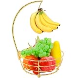 Livabber Countertop Fruit Basket Bowl with Banana Hanger, Modern Standing Fruit Vegetable Bowl Storage, with Banana Tree Holder for Kitchen Dinning Table (Round Metal, Gold)