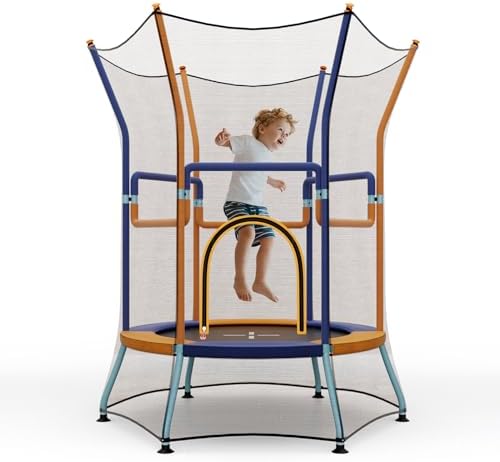 GYMAX Toddler Trampoline, 48” ASTM Approved Kids Trampoline with 59” Extra High Enclosure Net, Seamless Jumping Mat & 2-Level Handle, Indoor/Outdoor Trampoline for Kids Gift for Backyard