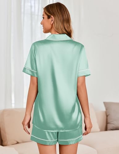 Image of Ekouaer Womens Satin Silk 2 Piece Pajamas Set Short Sleeve Sleepwear | Button Down Top and Shorts Loungewear Set for Sleep, Home, Wedding, Travel, Party, Daily Wear & Great for Sharing