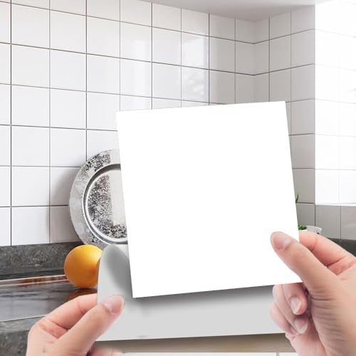 Hixingo Carrelage Adhesif Mural Cuisine, 15x15cm Salle de Bain, Couleur Unie Rectangulaires Credence Adhesive pour Cuisine, Dalle Pvc Adhesive Murale Carrelage Autocollant (Blanc,50 Pièces)