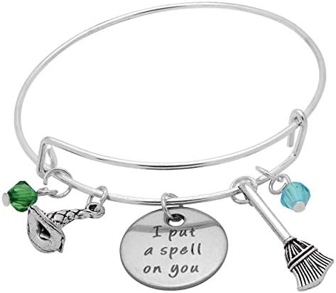 Art Attack Silvertone I Put A Spell On You It's Just A Bunch of Hocus Pocus Witches Broomstick Hat Halloween Black Beaded Pendant Expandable Bracelet