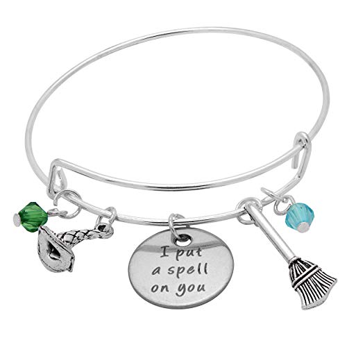 Art Attack Silvertone I Put A Spell On You It's Just A Bunch Of Hocus Pocus Witches Broomstick Hat Halloween Black Beaded Pendant Expandable Bracelet #TOP3