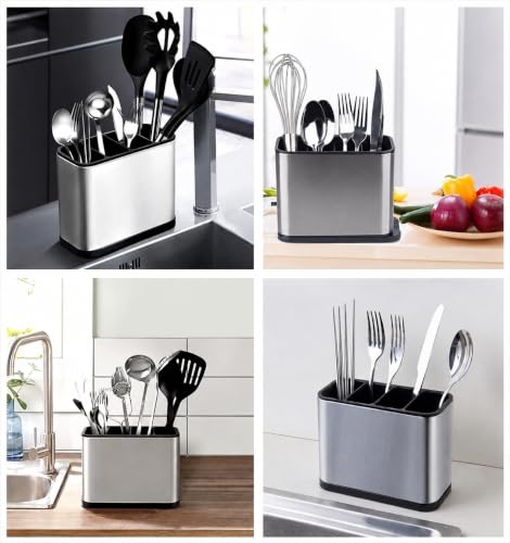 Image of Atasi International Spoon Holder for Kitchen Countertop - Stainless Steel Cutlery Stand with Drain Tray, Rustproof Heavy Duty Utensil Organizer for Kitchen & Dining Table (Silver)