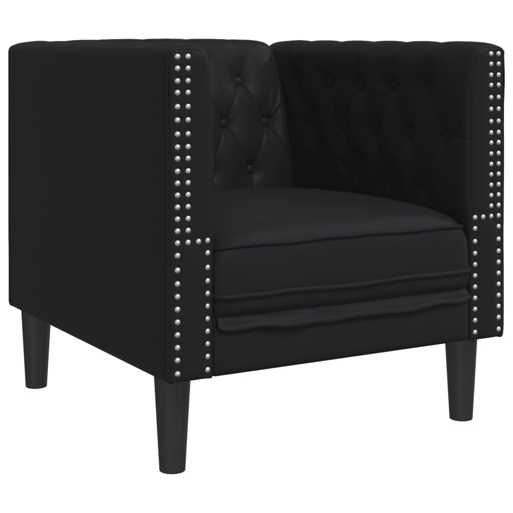 Silla Chesterfield de piel sintética negra con asiento acolchado y respaldo para salón y oficina