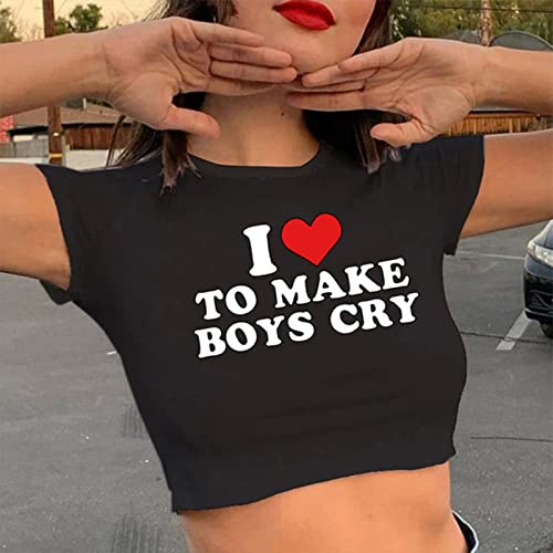 Tuislay Cute Baby Tees For Women I Love To Make Boys Cry Y2K Shirt Crop Tops Aesthetic Clothes Streetwear Summer T-Shirt (Black,M,Medium) #TOP3
