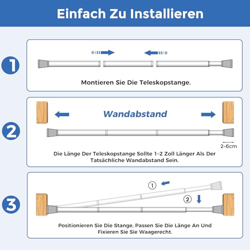 HAOYUNTE 2 Stück kompakte Klemmstange ohne Bohren 60-90cm Weiß Ø13mm, ausziehbare Teleskopstange zur Aufhängung von Gegenständen, ideal für kleine Räume, Badezimmer, Fenster, Küche und Schränke