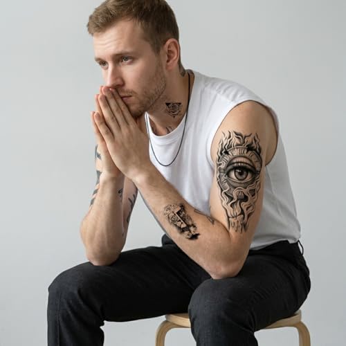 Image of MAYCREATE 34 Sheets Temporary Tattoo Sticker For Men Black Tattoo Stickers Waterproof Large Tattoos Sticker Set-Black