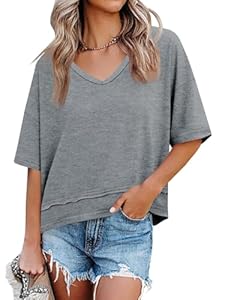 Cicy Bell Oversize Tshirt Damen V-Ausschnitt Oberteile Kurzarm Loose Fit Tops Bluse Basic Tee Shirts.Grau M