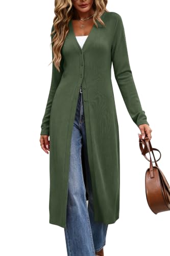 Long Cardigans for Women Lightweight Button Up Duster Sweater Olive Green M