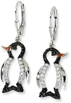Cheryl M Sterling Silver Enameled Black and White CZ Penguin Leverback Earrings