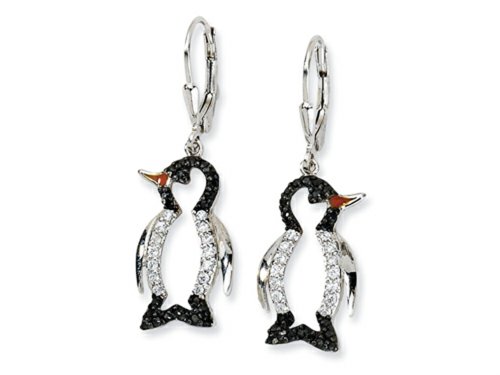 Cheryl M Sterling Silver Enameled Black And White Cz Penguin Leverback Earrings #TOP1
