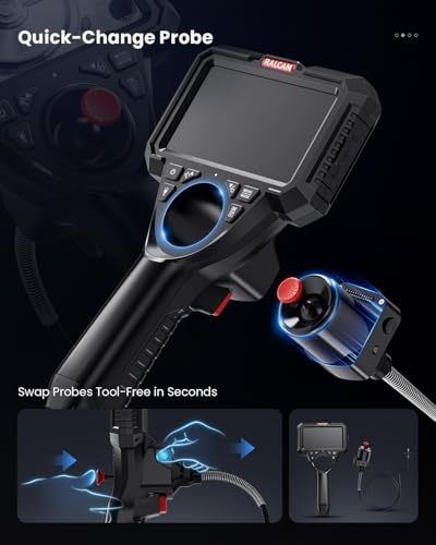 Image of Ralcam Industrial Borescope Camera with Replaceable Snake Cable, 5 inch HD Display, 4-Way Articulating Probe & Stainless Steel Joystick, 6.2mm Camera, Waterproof Cable, 5 FT Auto & Pipe