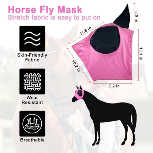 FOXLVDA 3 Pcs Horse Fly Mask-Fly Masks for Horses with Ears, Breathable Elastic Fabric for Sun Protection for Large/Medium Size Adult Horses (Pink-Purple-Gray, Large) - Thumbnail 2