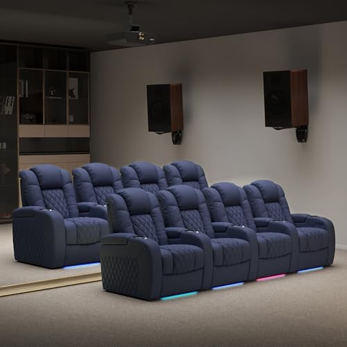 Weilianda Home Theater Seating Top Grain Leather Zero Gravity Recliner Chair Power Headrest Recline Movie Seat Gaming 7 Colors Mood Light Sofa with Tray Table USB Charge Row of 3 Blue
