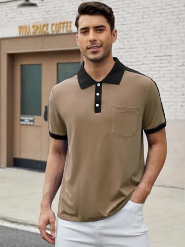 LuxMania Men's Casual Polo Shirts Short Sleeve Classic Button Shirt Fashion Cotton Golf Tops with Pocket Khaki M — view 2