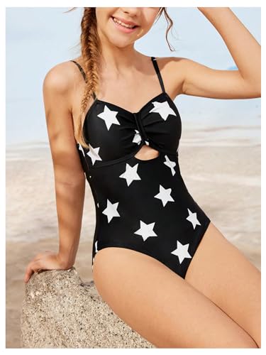 SweatyRocks Girl's One Piece Swimsuit Graphic Print Cut Out V Neck Ruched Bathing Suits3