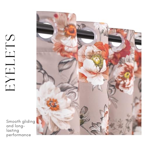 Image of Floral Printed True Blackout Window Curtains 5 Feet Set of 2 | Heavy Room Darkening Thermal Insulated Eyelet Parda for Living Room & Bedroom | Curtains with Tie Back (121x152cm, Dusty Pink)