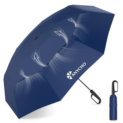 Image of ANYCHO 54 Inch Umbrella for Rain Big Size, Double Layer Vented Sun Umbrella with Carabiner Handle & 8 Double Ribs, Windproof Waterproof Auto Open Umbrella for Men Women