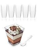 Mini vasos de postre con cucharas (paquete de 50) (cucharas transparentes) – Vasos de plástico para aperitivos de 5 onzas para parfait – Mini tazas cuadradas reutilizables para eventos, fiestas y más
